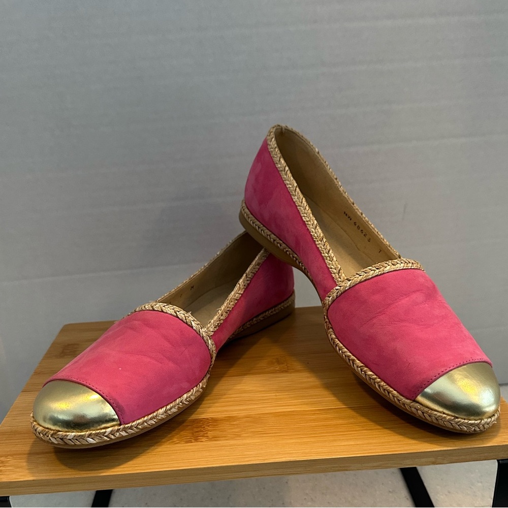 Stuart Weitzman Pink Suede Flats with Gold Cap Toe